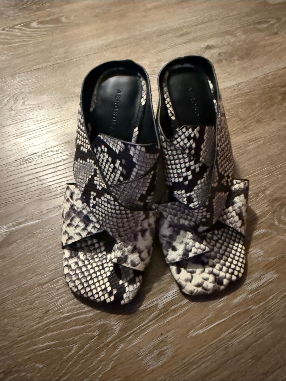 AEROSOLES Black and White Snake-Print Mules with Knotted Strap